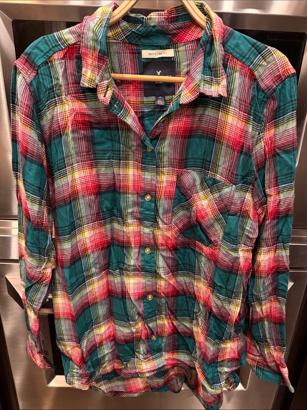 American Eagle Outfitters Teal, Red & Yellow Plaid Button-Down Shirt